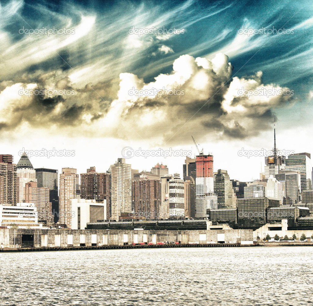 Manhattan. Beautiful sky colors over New York City skyscrapers,