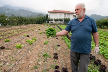 onun tarım alanı önünde gururlu çiftçi