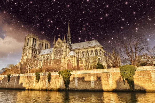 Parigi. Bella vista notturna della Cattedrale di Notre Dame e della Senna Ri — Foto Stock