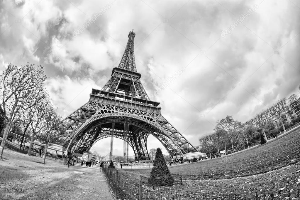Paris. Beautiful wide angle view of Eiffel Tower in winter seaso