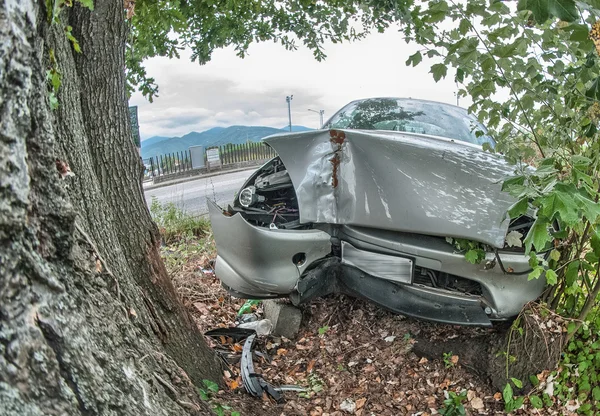 Bil stötte mot ett stort träd - trafikolycka — Stockfoto