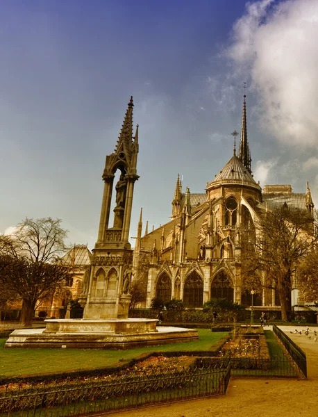Beautiful view of Notre Dame exterior with winter trees — Stock Photo, Image