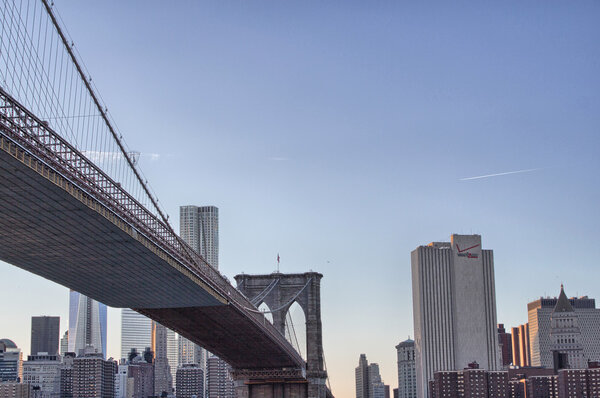 New York City. Terrific view of Brooklyn Bridge and Manhattan Skyscrapers.