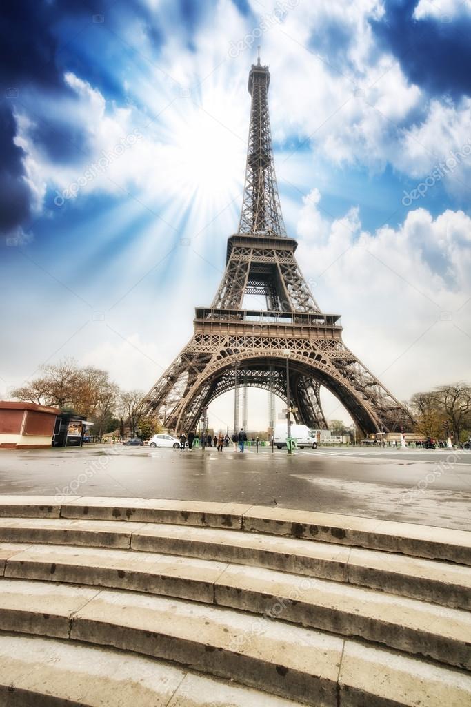 Paris. Gorgeous wideangle view of Eiffel Tower with Stairs to Se