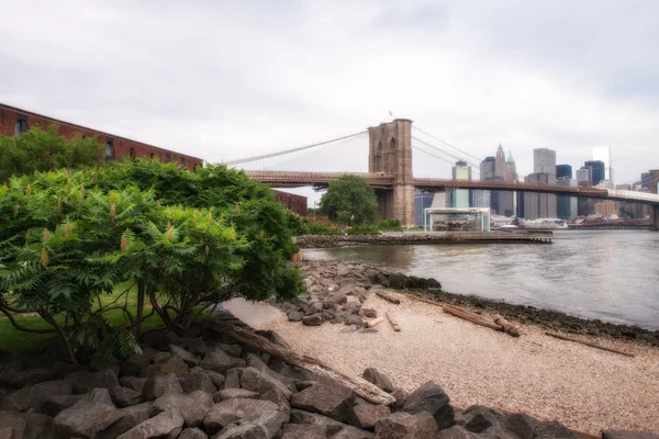 Die brooklyn bridge und lower manhattan skyline vom brookl aus gesehen — Stockfoto