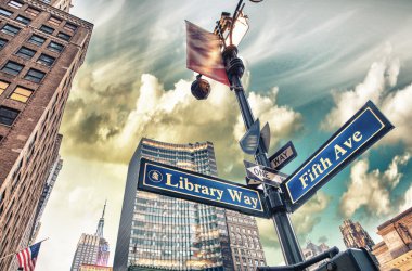 Library Way and 5th Avenue street sign in New York City clipart