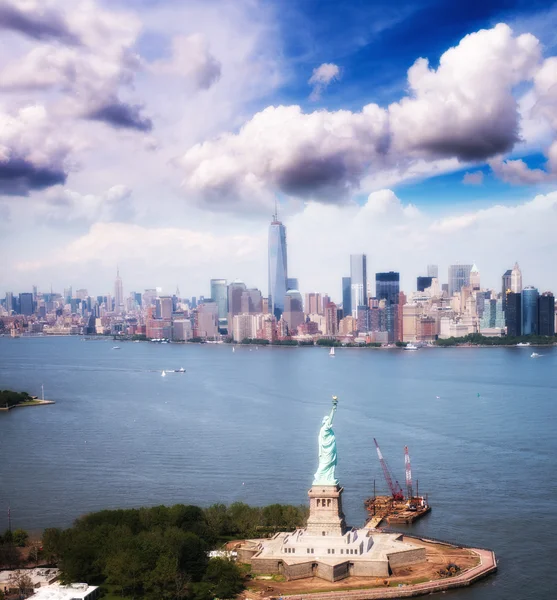 Statue of Liberty and Manhattan skyline. Spectacular helicopter