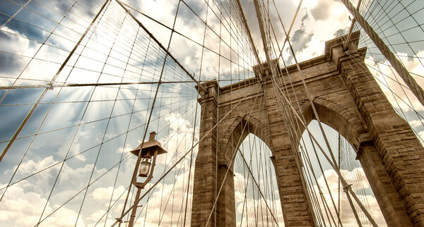 Brooklyn Bridge, New York City. Upward view