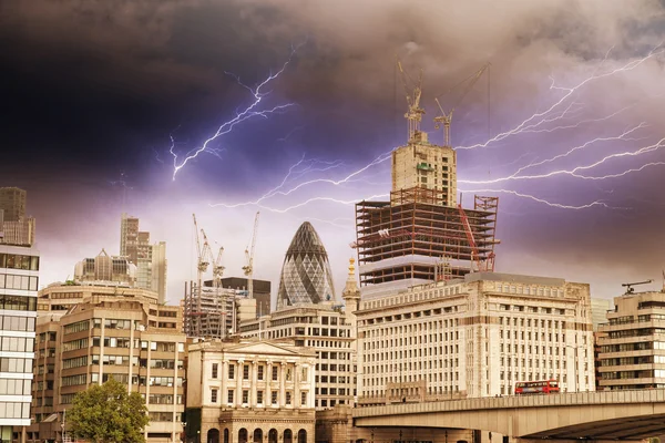 Storm above Modern Buildings and Architecture of London in Autum