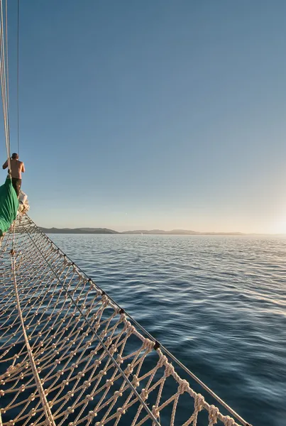 Overlooking the top deck of a sailboat — Stock Photo, Image
