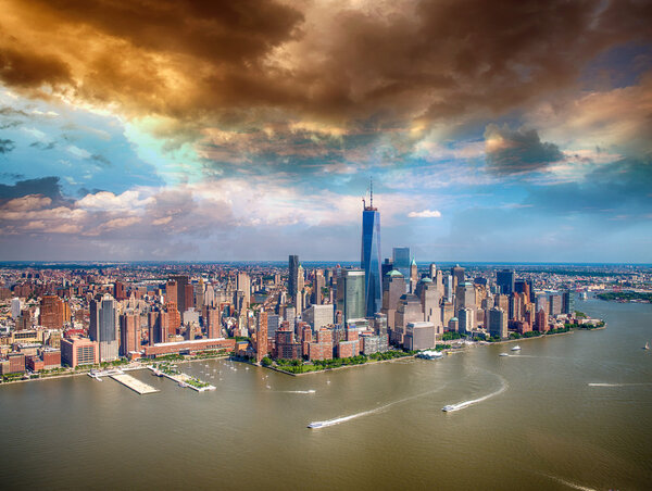 Stunning aerial view of Manhattan from Helicopter.