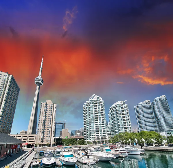 Centrum Toronto Harbourfront. Pohled na západ slunce v letní sezóně — Stock fotografie