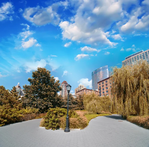 Ciudad de Nueva York, área de Battery Park. Hermosa vista de los árboles y Sk — Foto de Stock