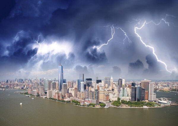 Thunderstorm over metropolis modern buildings.