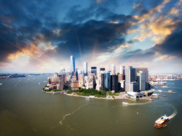 Beautiful island of Manhattan. Helicopter view of New York skyline.