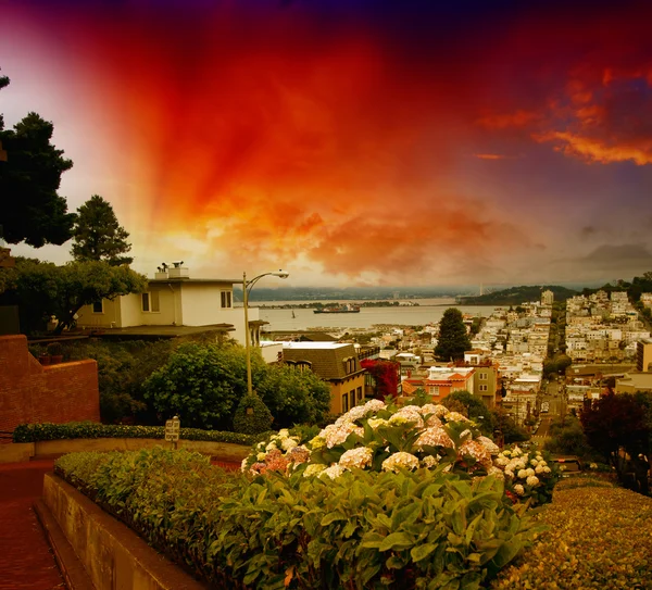Sunset sky over San Francisco skyline. View from Lombard Street — Stock Photo, Image