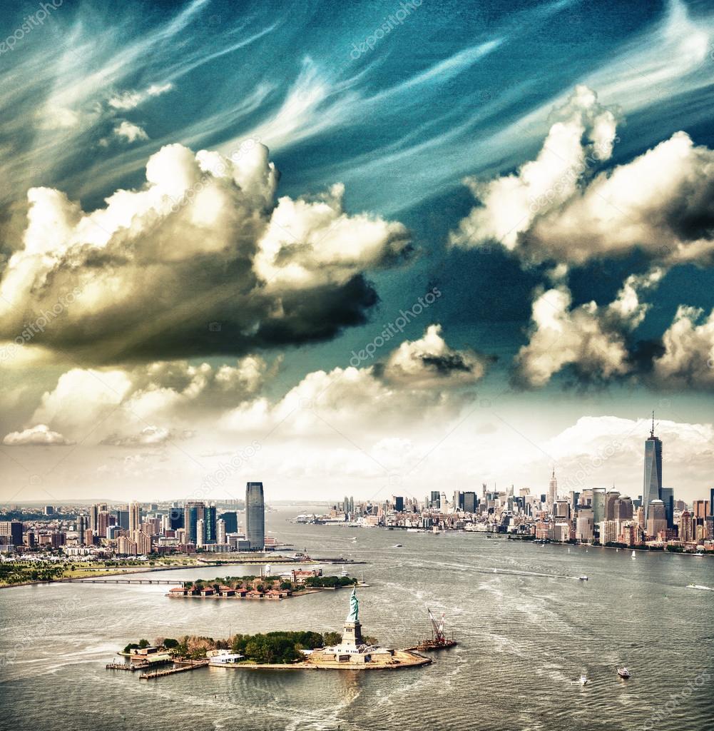 Beautiful sky over New York. Statue of Liberty