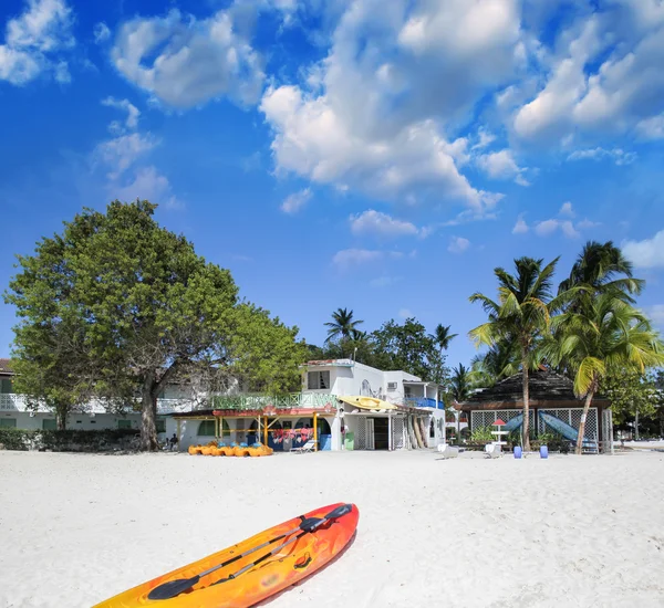 Farbenfrohes Surfbrett an einem tropischen Sonnenstrand — Stockfoto