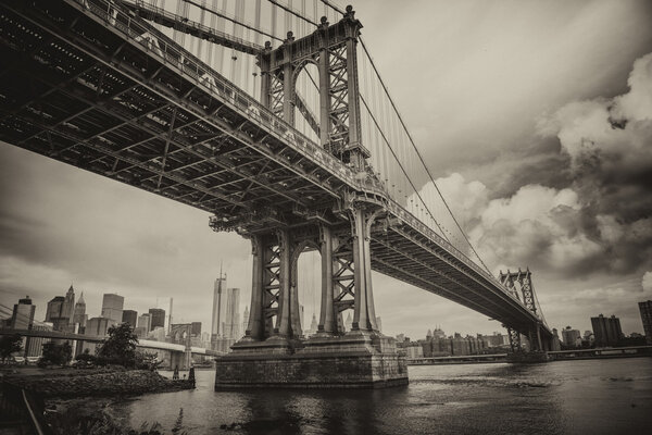 The Manhattan Bridge, New York City. Awesome wideangle upward view.