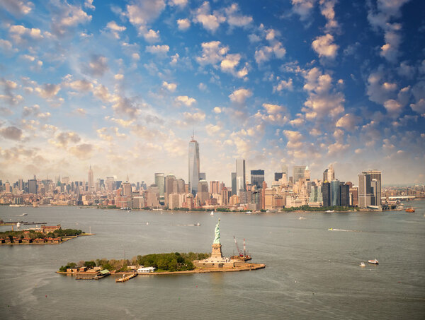 New York skyline with Statue of Liberty from helicopter.