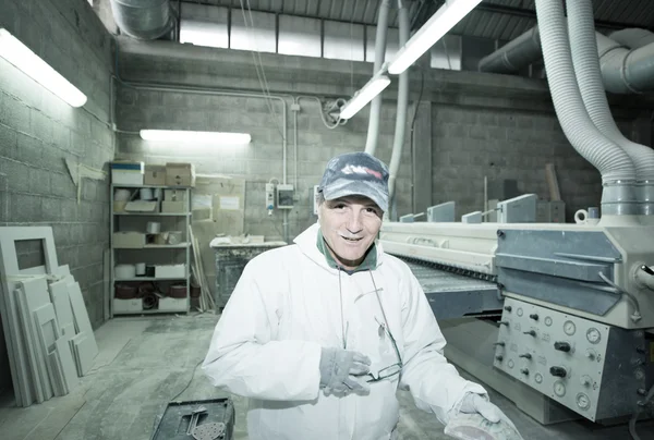 Trabajador de madera que trabaja con tablero de madera en una fábrica —  Fotos de Stock