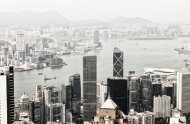 Hong kong ve kowloon binalar. Havadan görünümü gökdelenlerin üzerinde bir