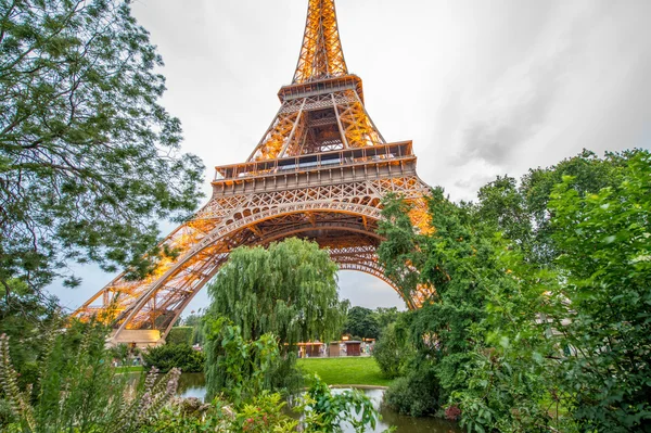 Eiffel torony éjszakai fények a fák. — Stock Fotó