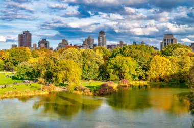 Central Park yaprakları ve yansımaları sonbaharda, New York 'ta
