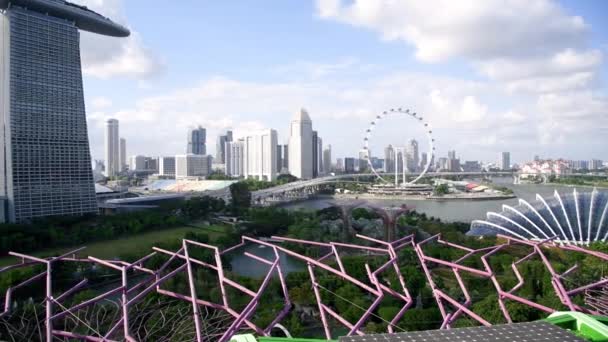 Vista aérea dos jardins Junto à baía e à paisagem urbana de Singapura — Vídeo de Stock