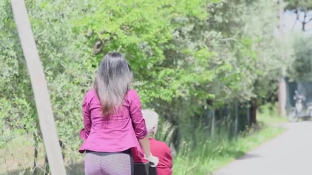 Vista trasera de una joven mujer que asiste a su madre discapacitada en silla de ruedas en el parque de la ciudad — Vídeos de Stock