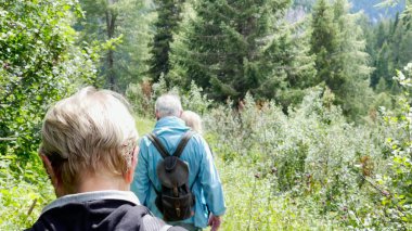 İtalya Alpleri 'nde yaz mevsiminde yapılan bir dağ gezisinde aile manzarası..