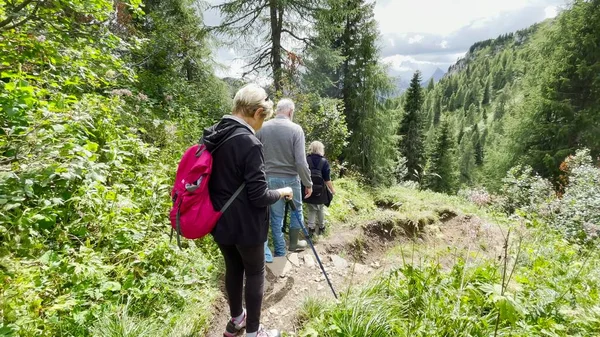 Vista Trasera Familia Durante Viaje Montaña Largo Los Alpes Italianos — Foto de Stock