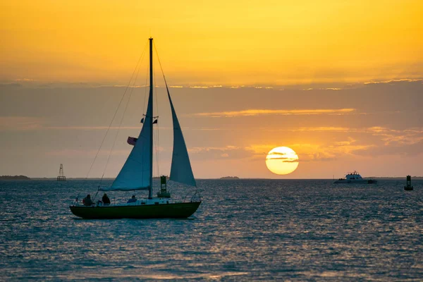 Gün batımında yelkenli siluetleri harika okyanus günbatımına karşı