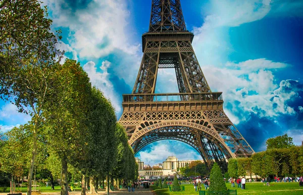 Tour Eiffel Paris Vista Pôr Sol Torre Com Jardins Champs — Fotografia de Stock
