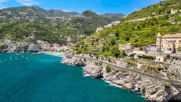 Increíble Vista Aérea Maiori Minori Largo Costa Amalfi Temporada Verano — Foto de Stock