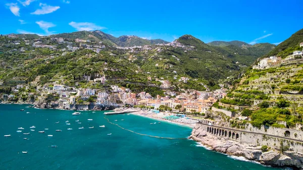 Vista Aérea Incrível Maiori Minori Longo Costa Amalfitana Temporada Verão — Fotografia de Stock