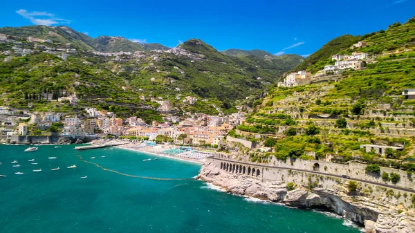 Vista Aérea Incrível Maiori Minori Longo Costa Amalfitana Temporada Verão — Fotografia de Stock