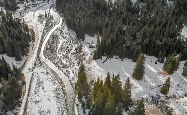 Dolomiterna Italien Alperna Vinter Med Skog Och Floden Flygfoto — Stockfoto