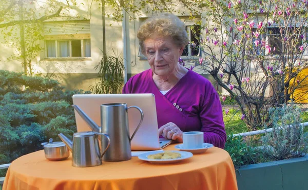 Ancianos Ritered Mujer Feliz Hablando Videocall Delante Ordenador Portátil Jardín — Foto de Stock