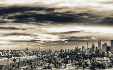 Sidney, Avustralya. Binalar ve bay ile şehir limanının havadan görünümü.