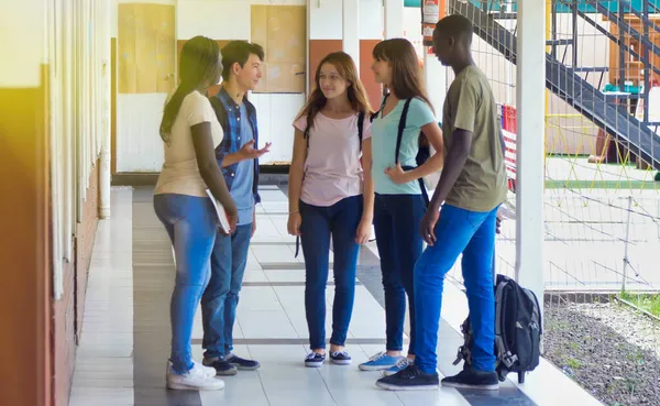 Nastolatkowie Rozmawiający Szkolnym Korytarzu Różnorodność Studenci Przyjaciele Pojęcie Szczęścia — Zdjęcie stockowe