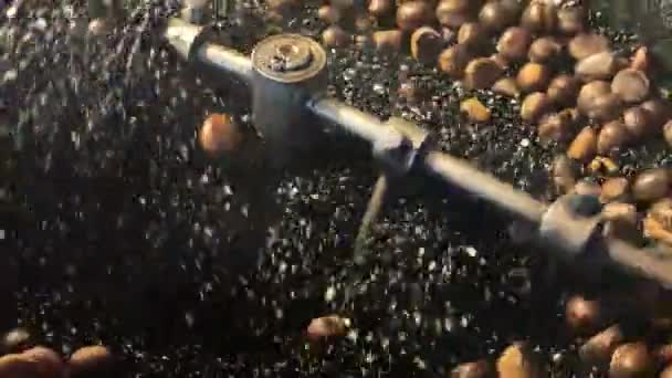 Каштанові горіхи смажать у великій комірці — стокове відео