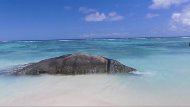 Anse Source Argent, La Digue. Amazing aerial view from drone on a beautiful sunny day - Seychelles Islands — Stock Video