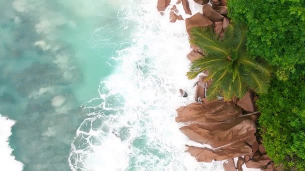 Anse Source Argent, La Digue. Increíble vista aérea desde un dron en un hermoso día soleado - Islas Seychelles — Vídeos de Stock