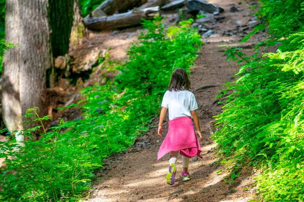 Visão Traseira Uma Jovem Caminhando Longo Uma Trilha Montanha — Fotografia de Stock