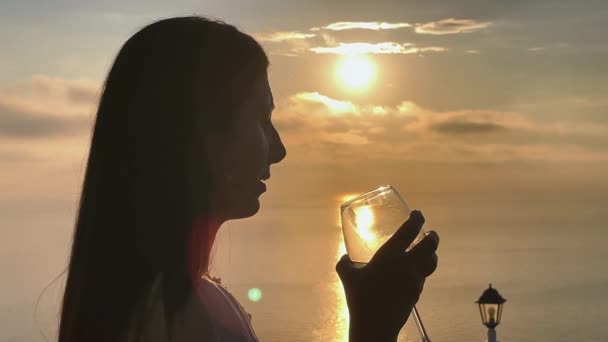 Mujer bebiendo copa de vino al atardecer con fondo de isla en temporada de verano — Vídeos de Stock