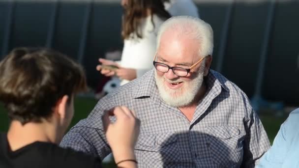 Abuelos y nietos relajándose al aire libre jugando juegos de mesa — Vídeo de stock