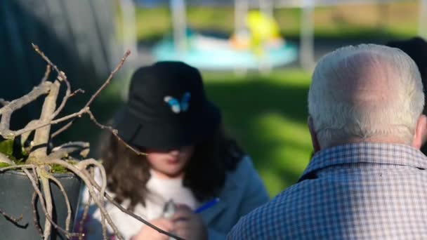 Avós e netos relaxando ao ar livre juntos jogando jogos de tabuleiro — Vídeo de Stock