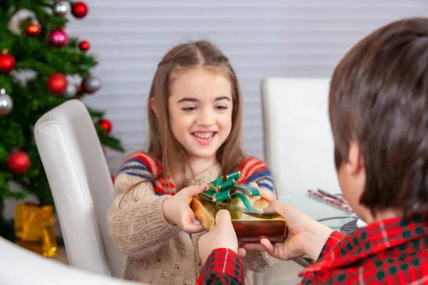 Δύο Χαρούμενα Παιδιά Αγγίζουν Χριστουγεννιάτικο Δώρο Στο Σπίτι — Φωτογραφία Αρχείου