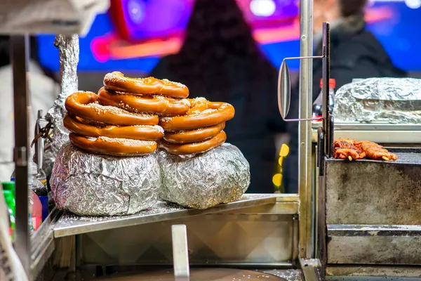 Pretzels Uma Loja Rua Noite Nova York — Fotografia de Stock